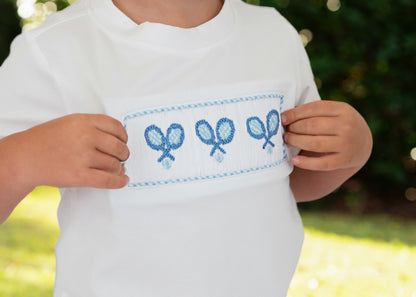 Blue Seersucker Smocked Tennis Short Set