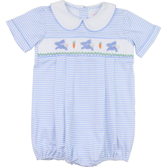 Blue Knit Stripe Smocked Bunny And Carrot Bubble