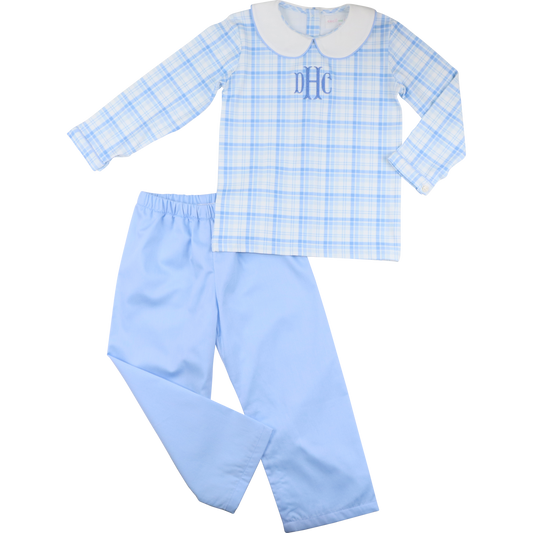 Boys Blue Plaid Pant Set