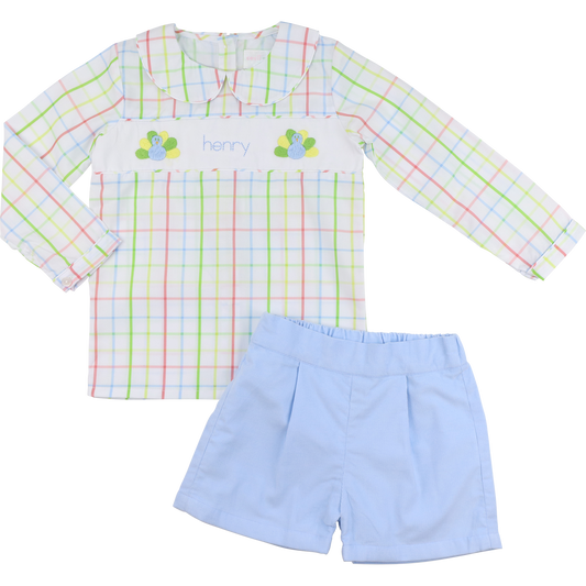 Windowpane Embroidered Turkey Short Set