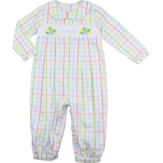 Windowpane Embroidered Turkey Long Romper