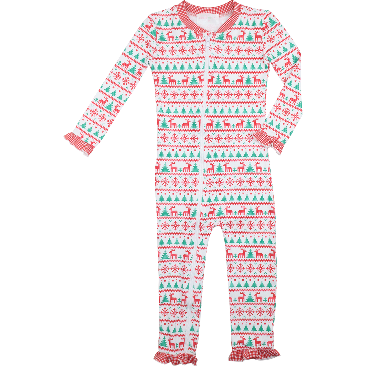 Red And Green Holiday Print Ruffle Knit Zipper Pajamas