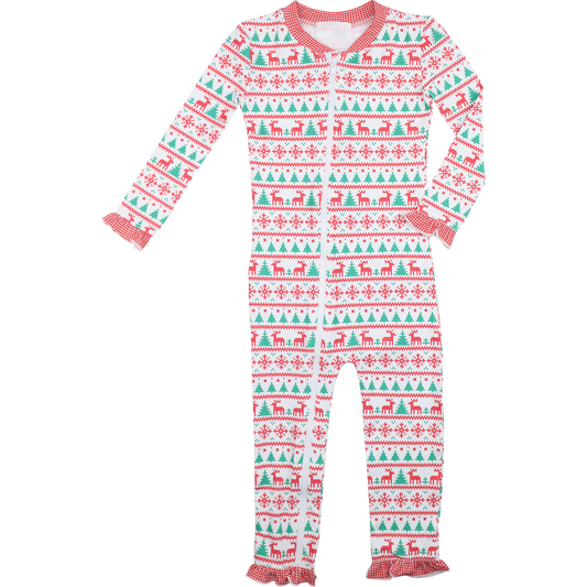 Red And Green Holiday Print Ruffle Knit Zipper Pajamas