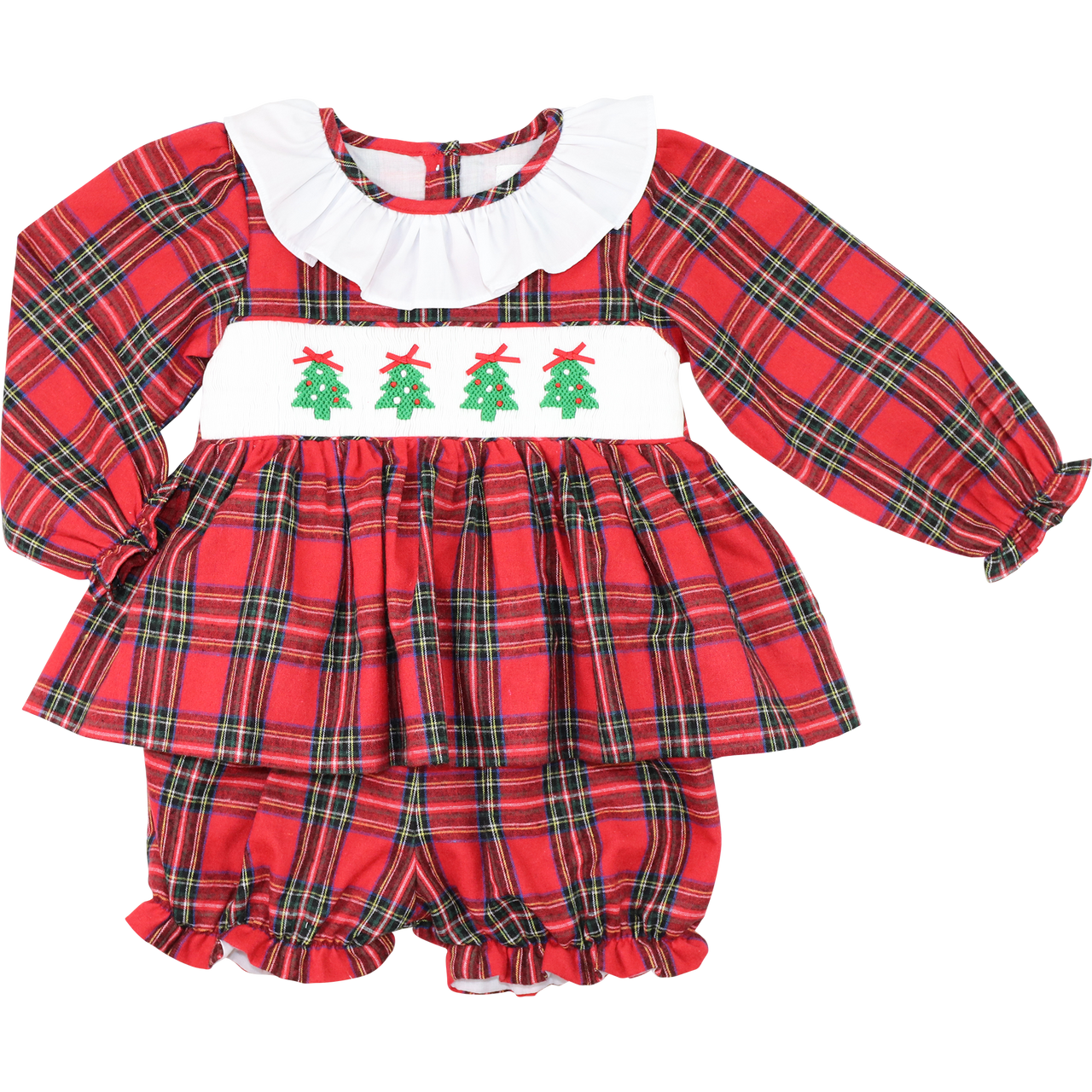 Red And Green Flannel Plaid Smocked Christmas Tree Bloomer Set