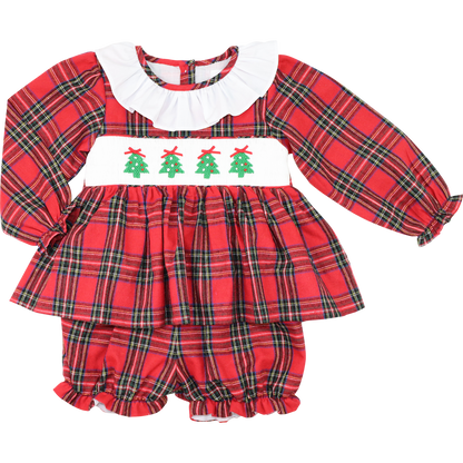 Red And Green Flannel Plaid Smocked Christmas Tree Bloomer Set