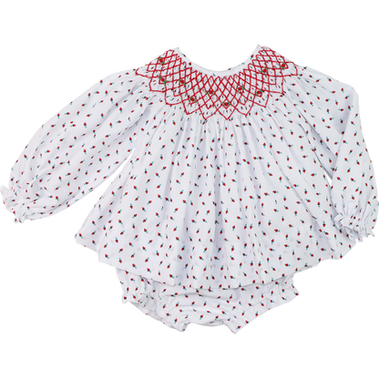 Red Smocked Rosebud Diaper Set