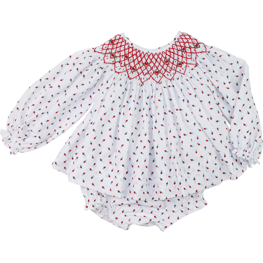 Red Smocked Rosebud Diaper Set