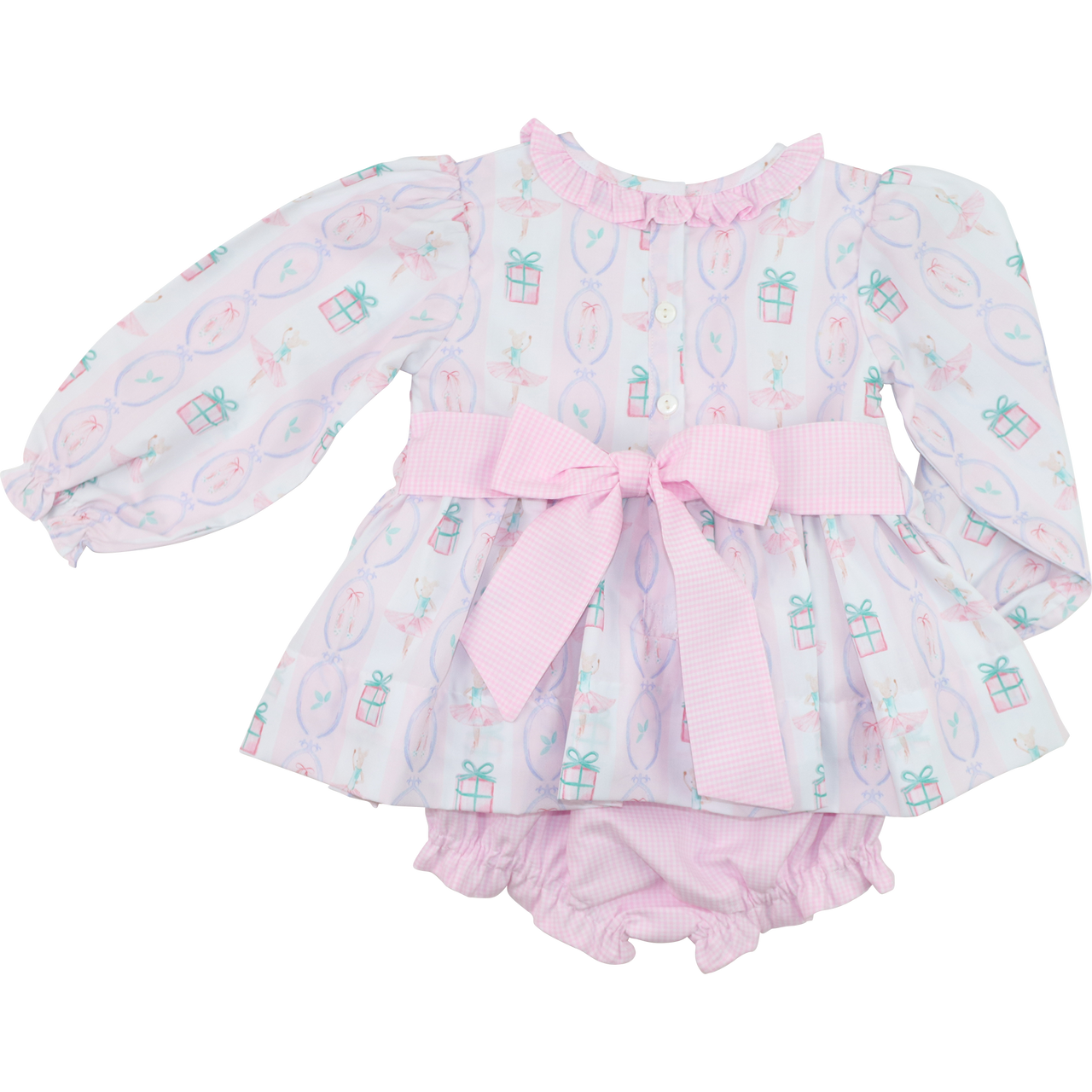 Pink Smocked Holiday Ballerina Diaper Set