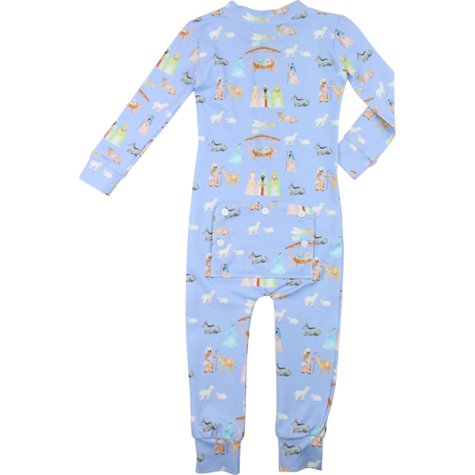 Blue Nativity Scene Knit Zipper Pajamas