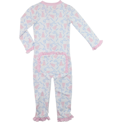 Pink And Blue Christmas Tree And Bow Knit Zipper Pajamas