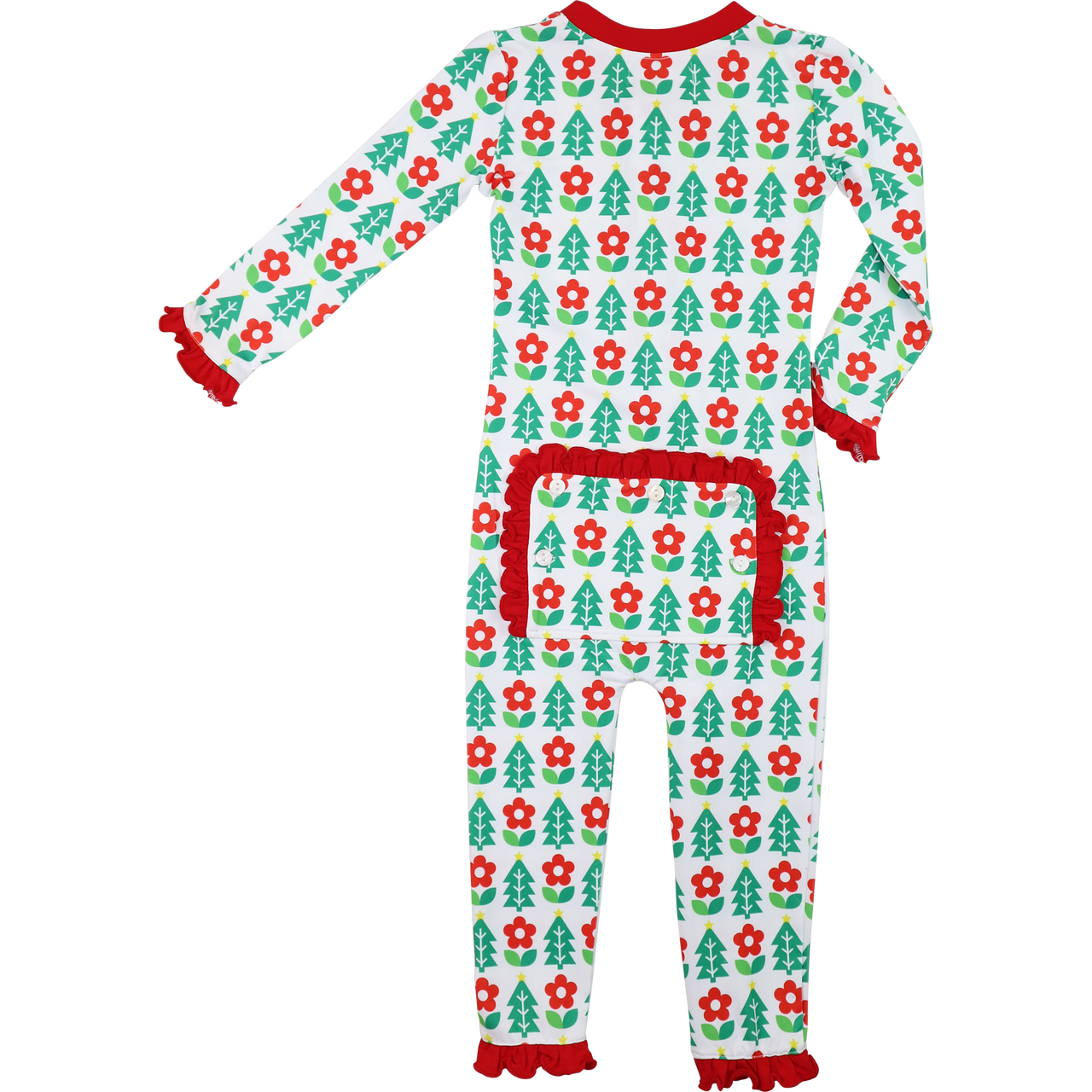 Red And Green Floral Block Print Holiday Knit Zipper Pajamas