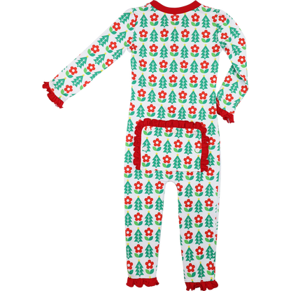 Red And Green Floral Block Print Holiday Knit Zipper Pajamas