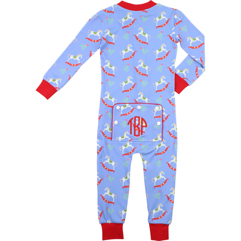 Red And Blue Holiday Rocking Horses Knit Zipper Pajamas