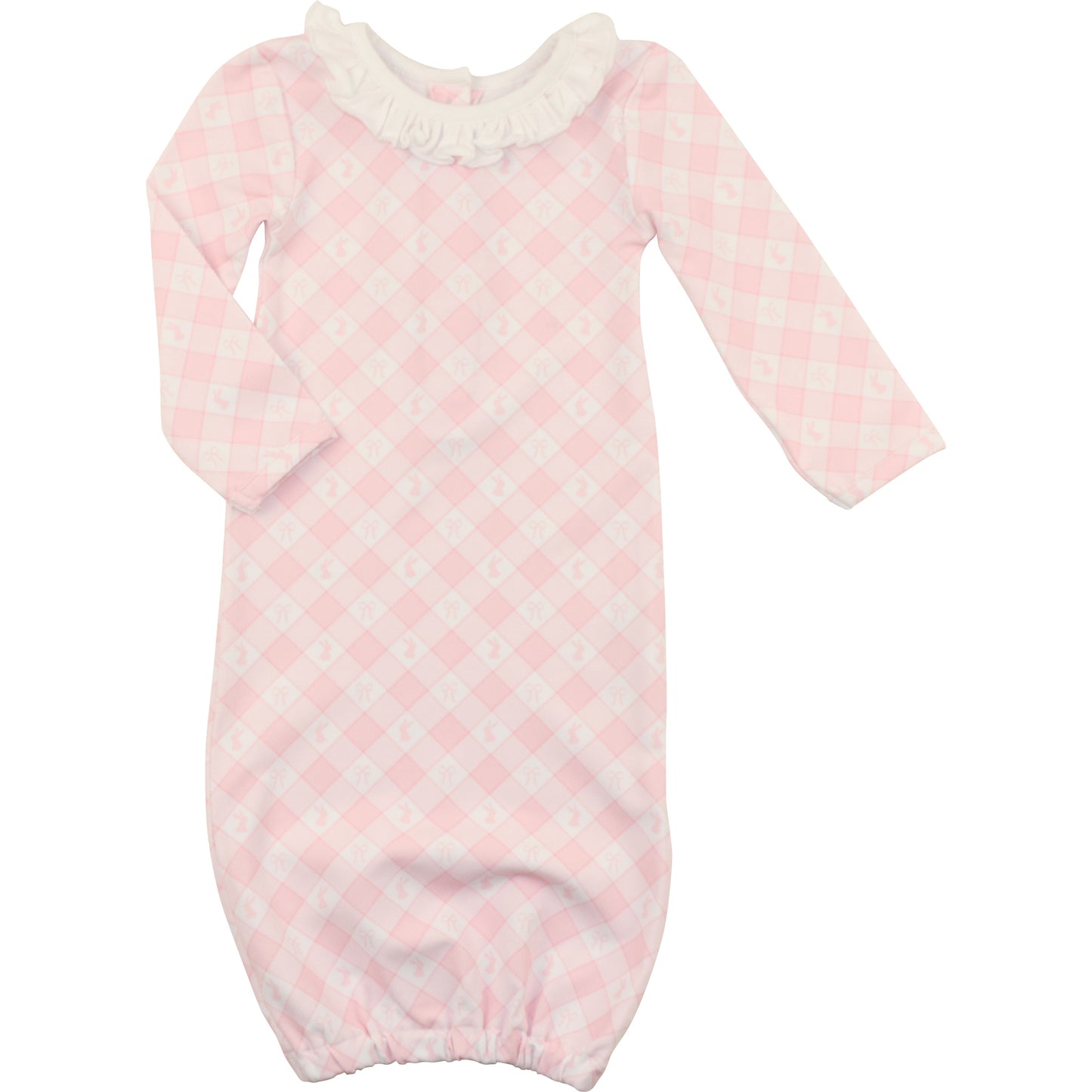 Pink Check Bunny And Bow Knit Baby Gown