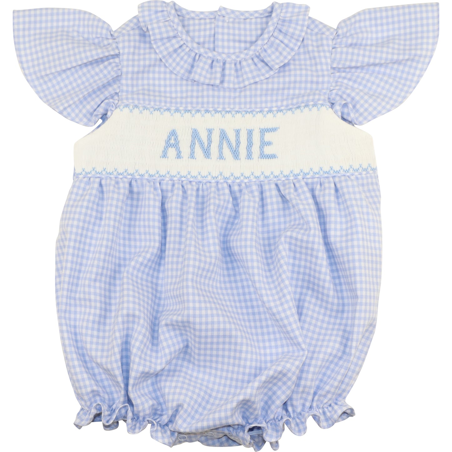 Blue Gingham Custom Smocked Ruffle Bubble