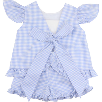 Blue Gingham Custom Smocked Bow Short Set