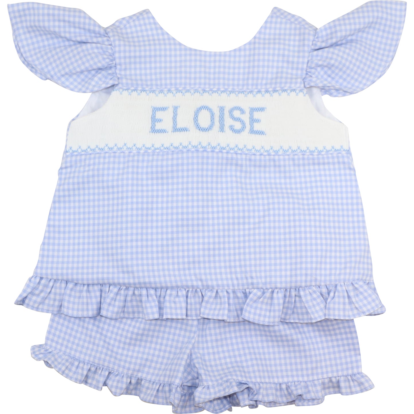 Blue Gingham Custom Smocked Bow Short Set