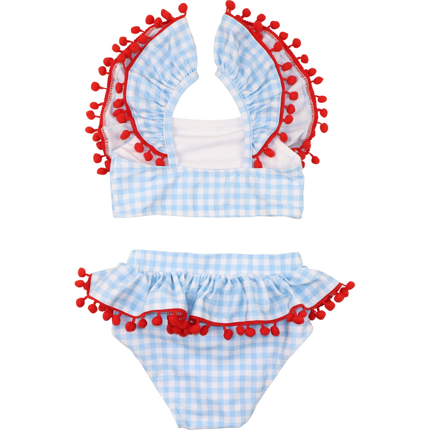 Blue Gingham Red Pom Pom Lycra Bikini