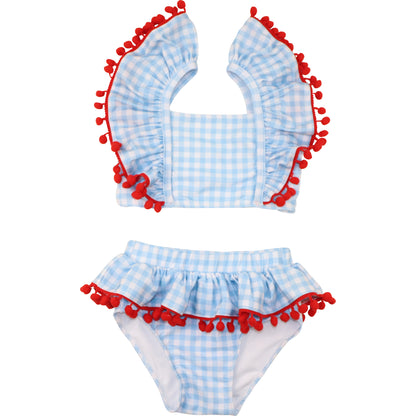 Blue Gingham Red Pom Pom Lycra Bikini