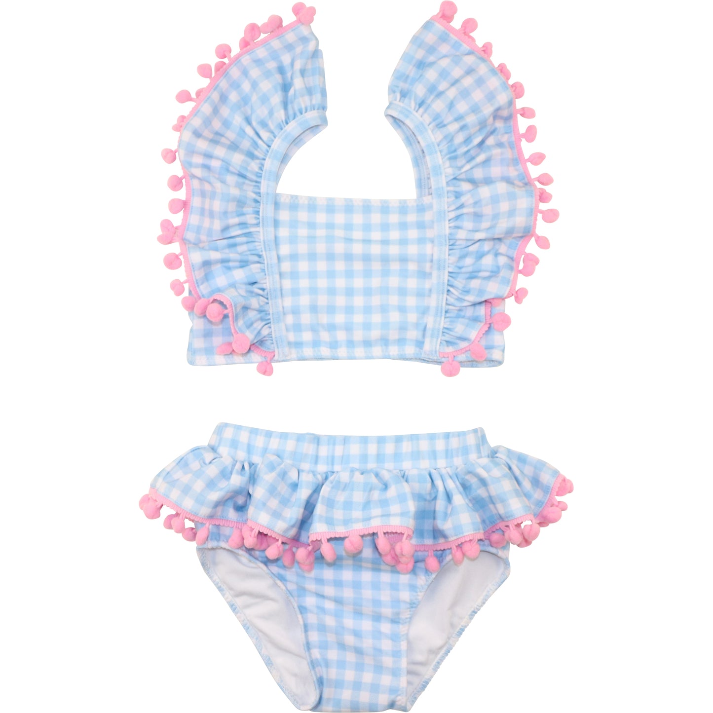 Blue Gingham Pink Pom Pom Lycra Bikini