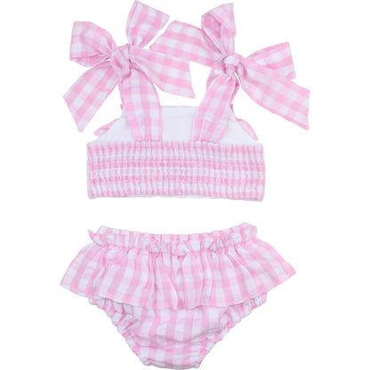 Pink Check Seersucker Ruched Bikini