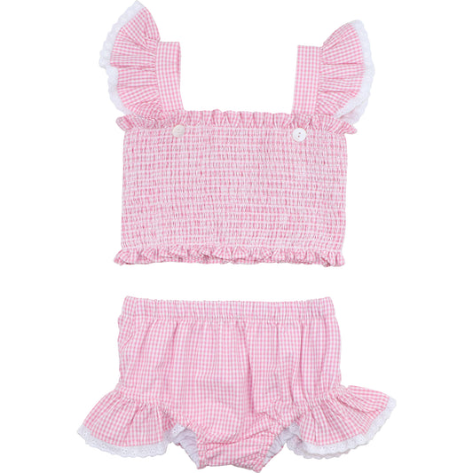 Pink Gingham Seersucker Smocked Vintage Bikini