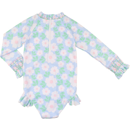 Pink And Blue Smocked Daisy Lycra Rashguard