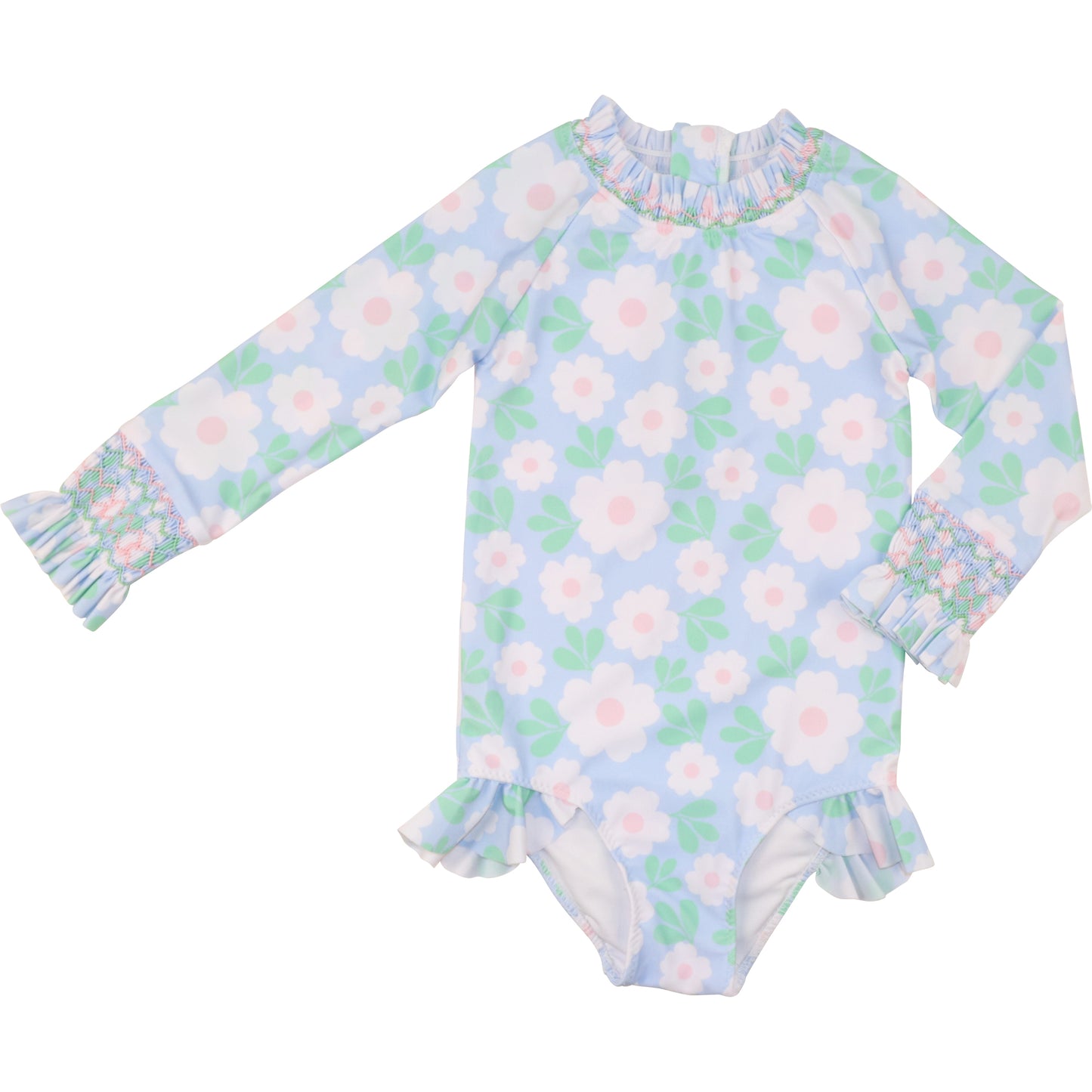 Pink And Blue Smocked Daisy Lycra Rashguard