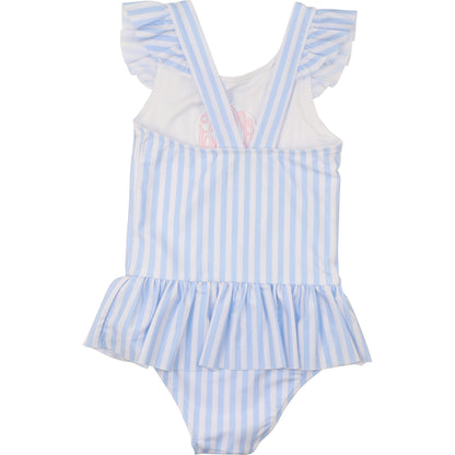 Blue Striped Applique Cherry Lycra Swimsuit