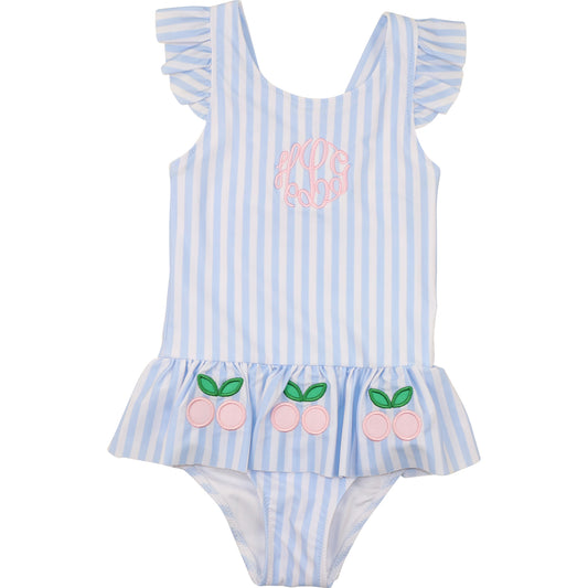 Blue Striped Applique Cherry Lycra Swimsuit