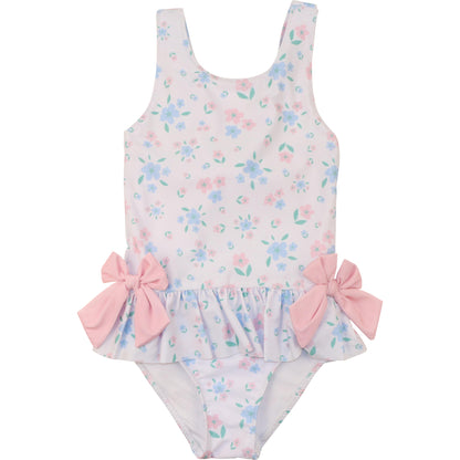 Pink And Blue Flower Print Lycra Swimsuit