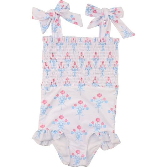 Blue And Pink Bouquet Smocked Lycra Swimsuit