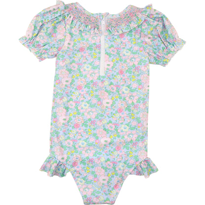 Blue And Pink Floral Smocked Puff Sleeve Lycra Swimsuit