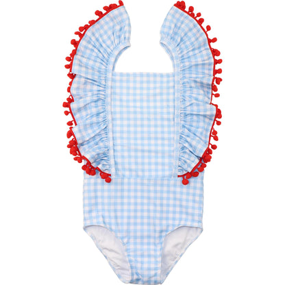 Blue Gingham Red Pom Pom Lycra Swimsuit