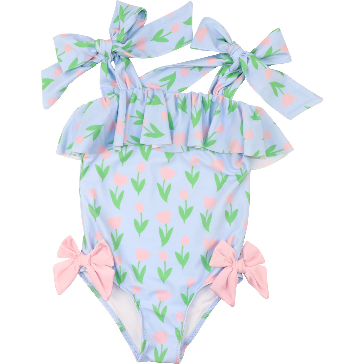 Blue And Pink Tulip Print Lycra Swimsuit