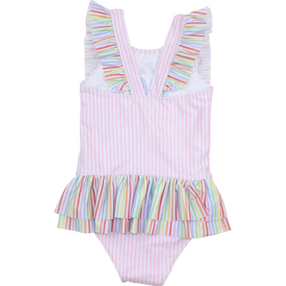 Pink And Multicolored Striped Lycra Swimsuit