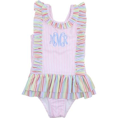 Pink And Multicolored Striped Lycra Swimsuit