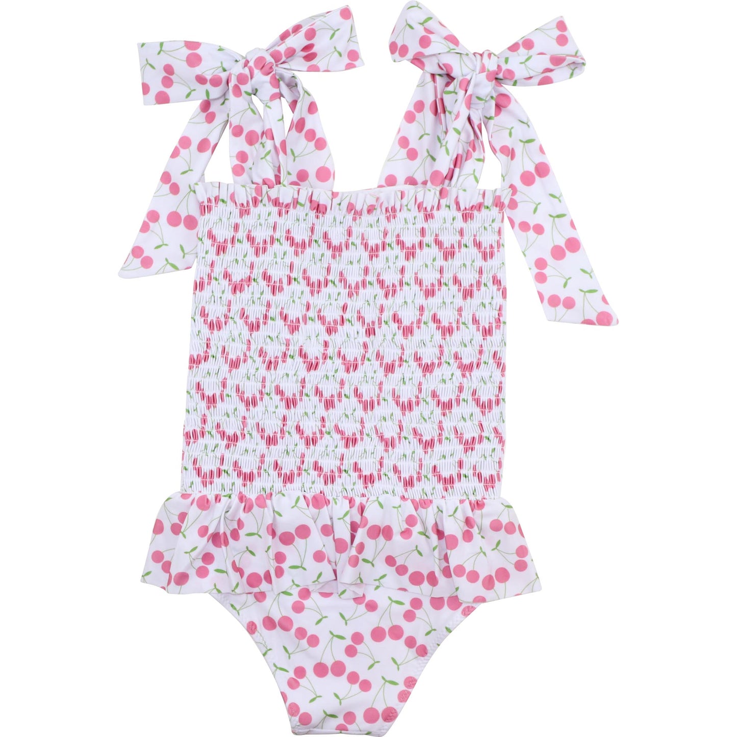 Pink And Green Ruched Cherry Print Lycra Swimsuit