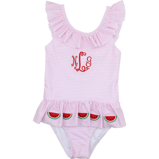 Pink Striped Applique Watermelon Lycra Swimsuit