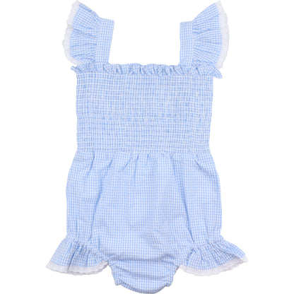 Blue Gingham Seersucker Ruched Vintage Swimsuit