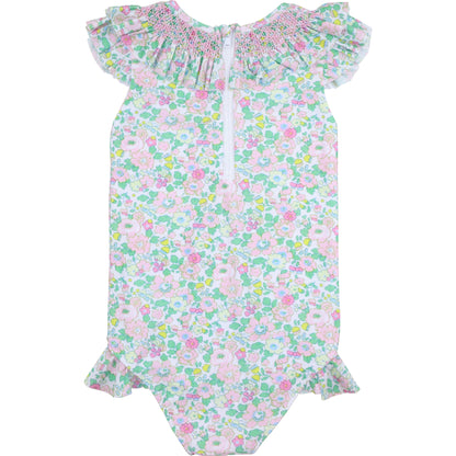 Pink And Green Smocked Liberty Floral Lycra Swimsuit