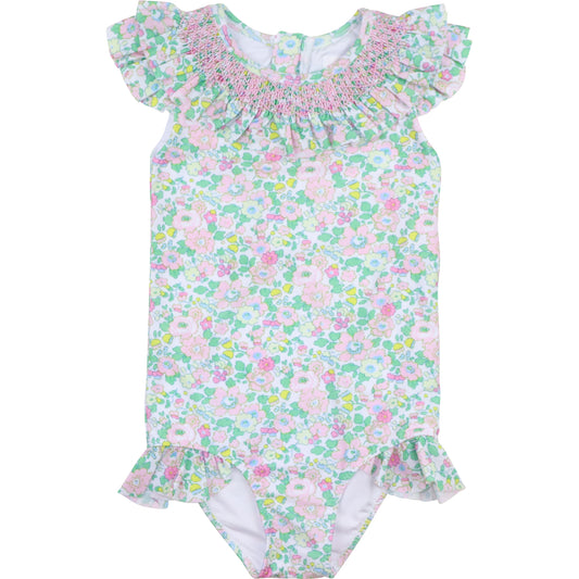 Pink And Green Smocked Liberty Floral Lycra Swimsuit