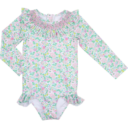 Pink And Green Smocked Liberty Floral Lycra Rashguard Swimsuit