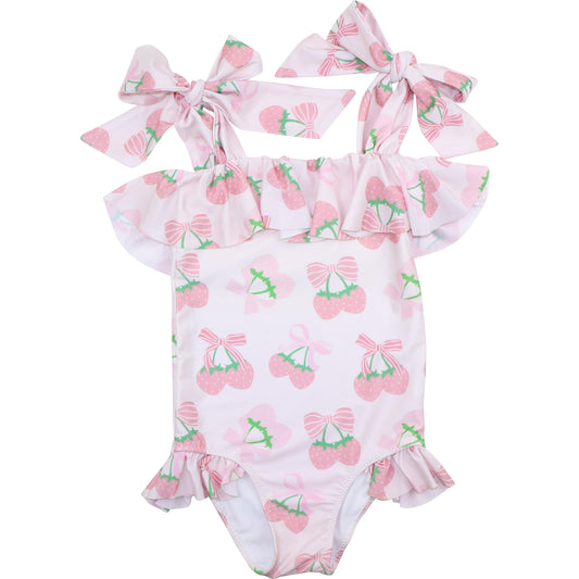 Pink Strawberry Print Lycra Swimsuit