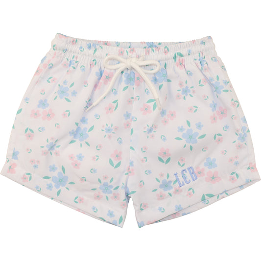 Pink And Blue Flower Print Swim Trunks