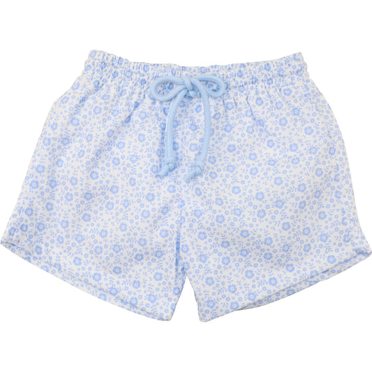 Blue And White Floral Swim Trunks