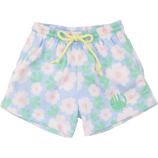 Blue Daisy Print Swim Trunks