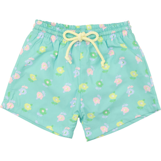 Green And Yellow Flower Print Swim Trunks