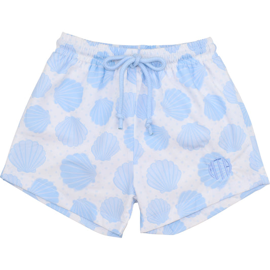 Blue And White Seashell Swim Trunks