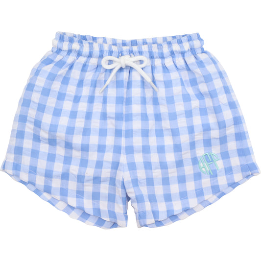 Blue Check Seersucker Swim Trunks